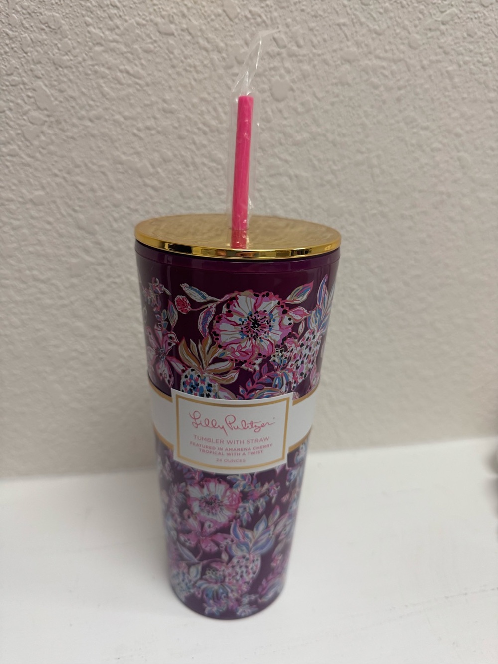 Lilly Pulitzer Purple Floral Insulated Tumbler with Pink Straw 24 oz